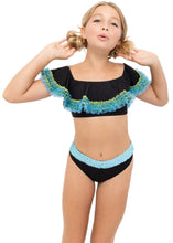 Load image into Gallery viewer, Black Bikini Anemone Fringe &amp; Aqua Sequin Belt
