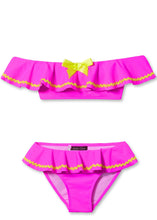 Load image into Gallery viewer, Neon Pink Bikini with Yellow Ric Rac &amp; Bow
