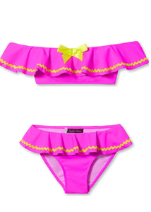 Neon Pink Bikini with Yellow Ric Rac & Bow