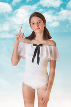 Load image into Gallery viewer, White Ruffle Swimsuit with Black Bow
