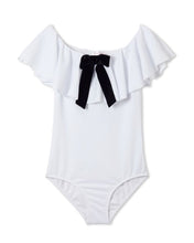 Load image into Gallery viewer, White Ruffle Swimsuit with Black Bow
