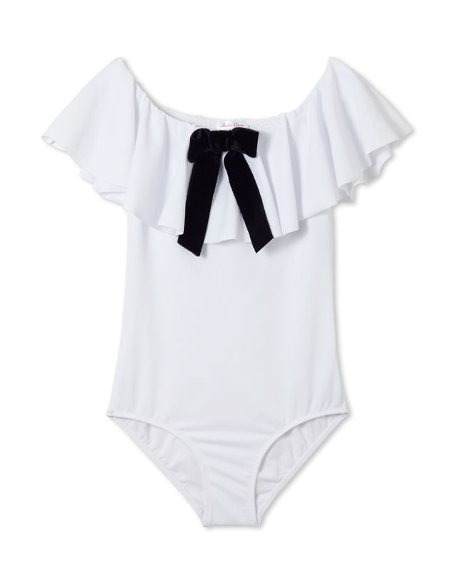 White Ruffle Swimsuit with Black Bow