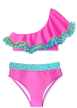 Load image into Gallery viewer, Neon Pink One Shoulder Bikini with Frills
