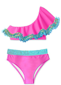 Neon Pink One Shoulder Bikini with Frills